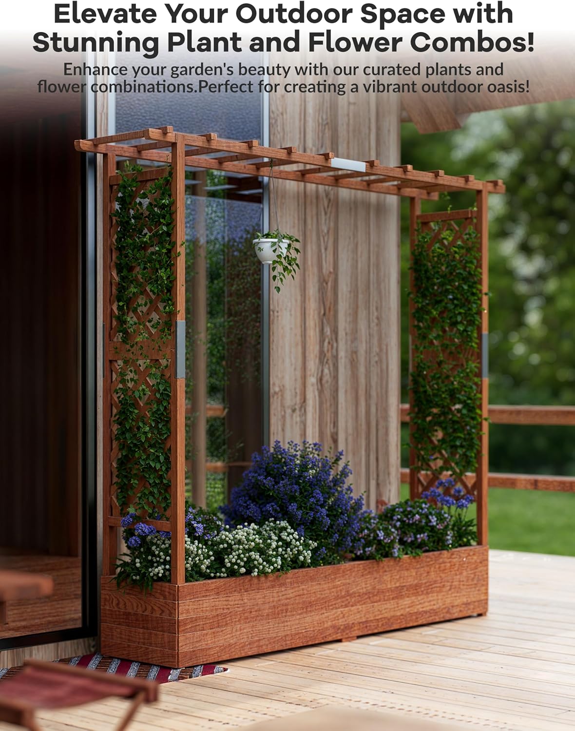 Elevated Garden Bed with Arch Trellis & Hanging Roof for Vine Climbing Plants, Wood Planter Box with Hanging Roof, Side Trellis, 4 Drainage Holes,Above Ground Raised Garden Bed, 79"x17"x72"