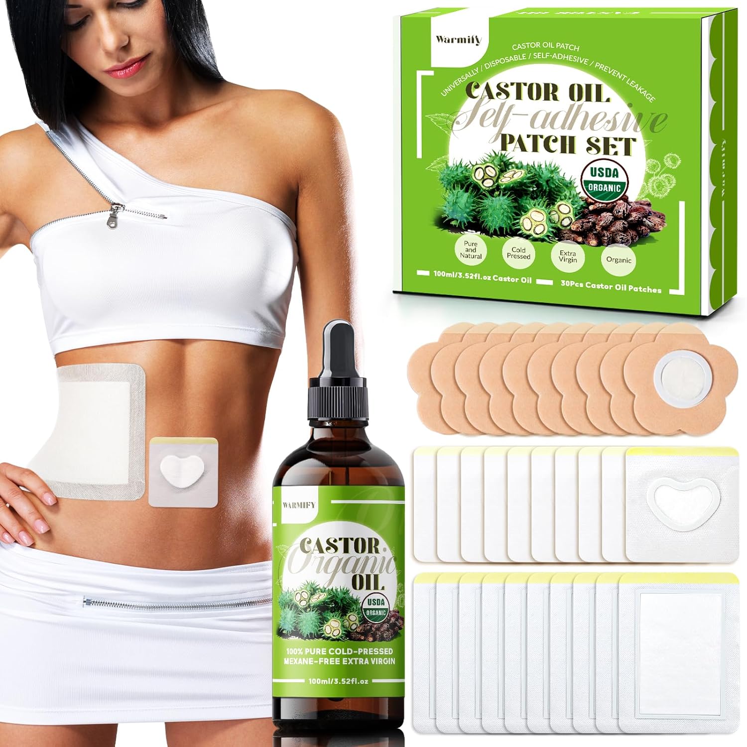 30 Pcs Castor Oil Patches with Castor Oil Organic Cold Pressed Unrefined Glass Bottle(3.5oz),Cotton Caster Oil Pack Wrap for Waist Back Neck Arm Belly,Self-Adhesive Disposable for Convenient Use