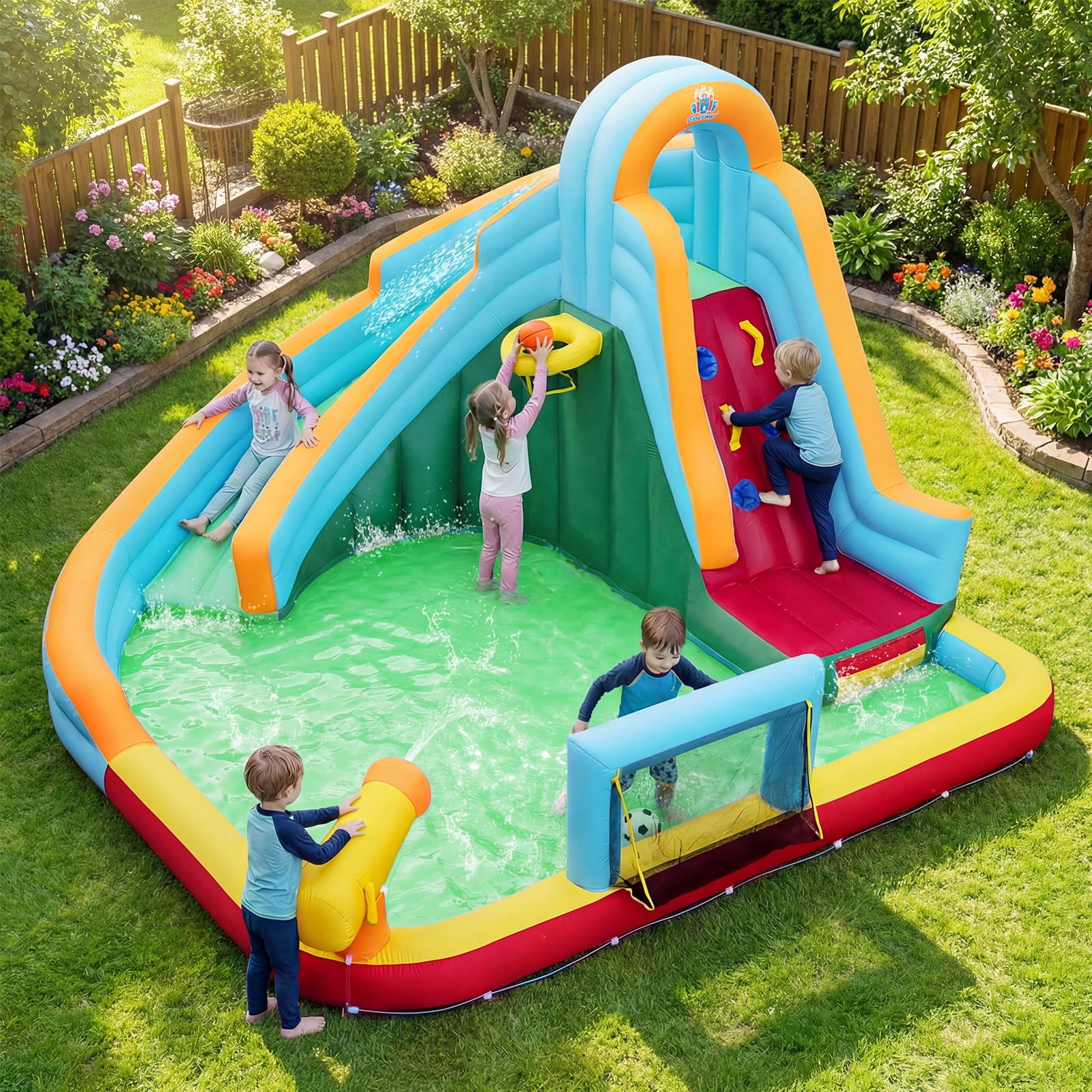 COSTWAY Castillo Hinchable Niños con Tobogán AcuáTico, Parque Infantil Inflable con Bolas Oceánicas, Fútbol, Baloncesto, Muro de Escalada, Aro, Portería y Cañón de Agua para 3 a 12 Años (Sin Soplador)