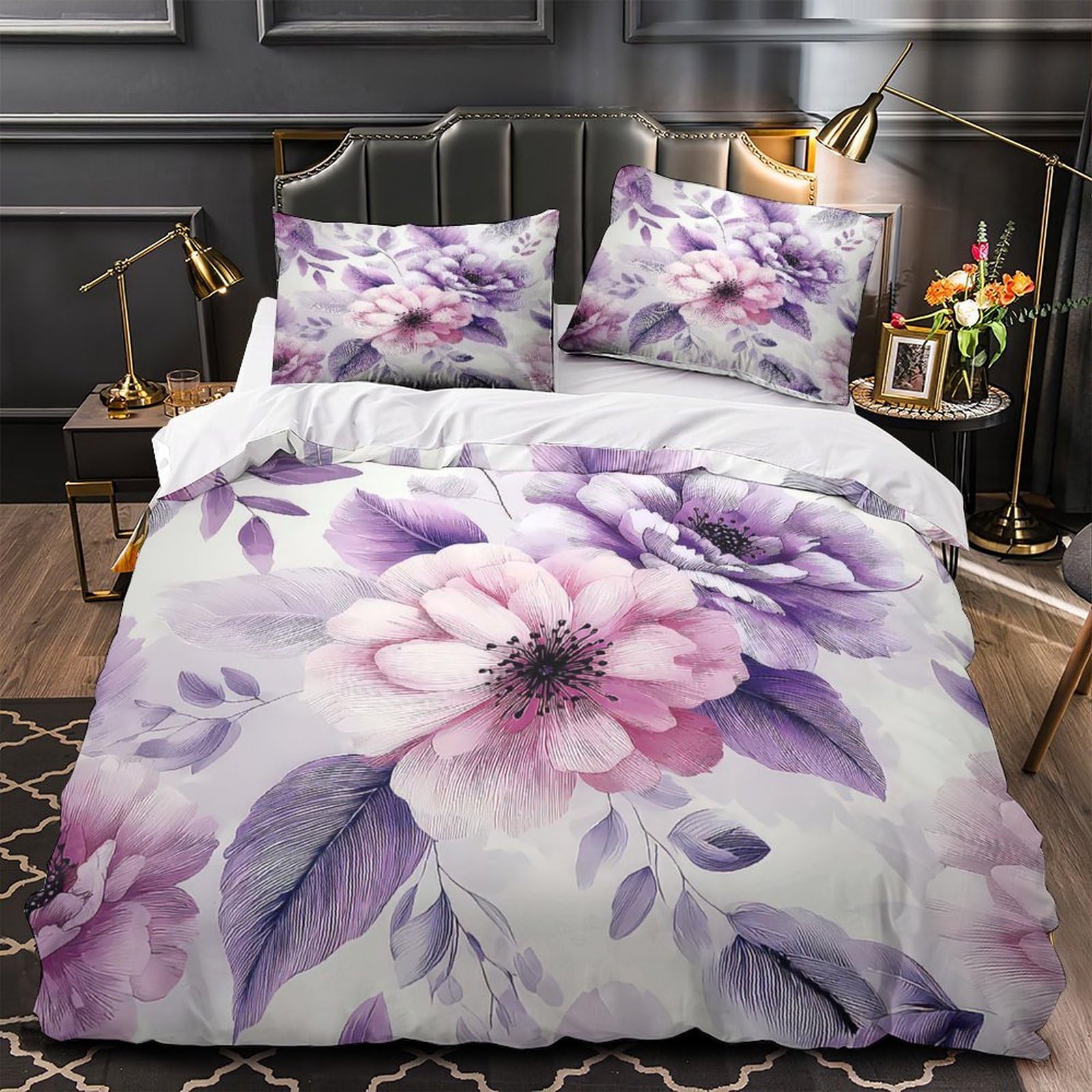 Housse de couette microfibre ultra douce 140x200 parure lit 3D imprimée motif floral hypoallergique