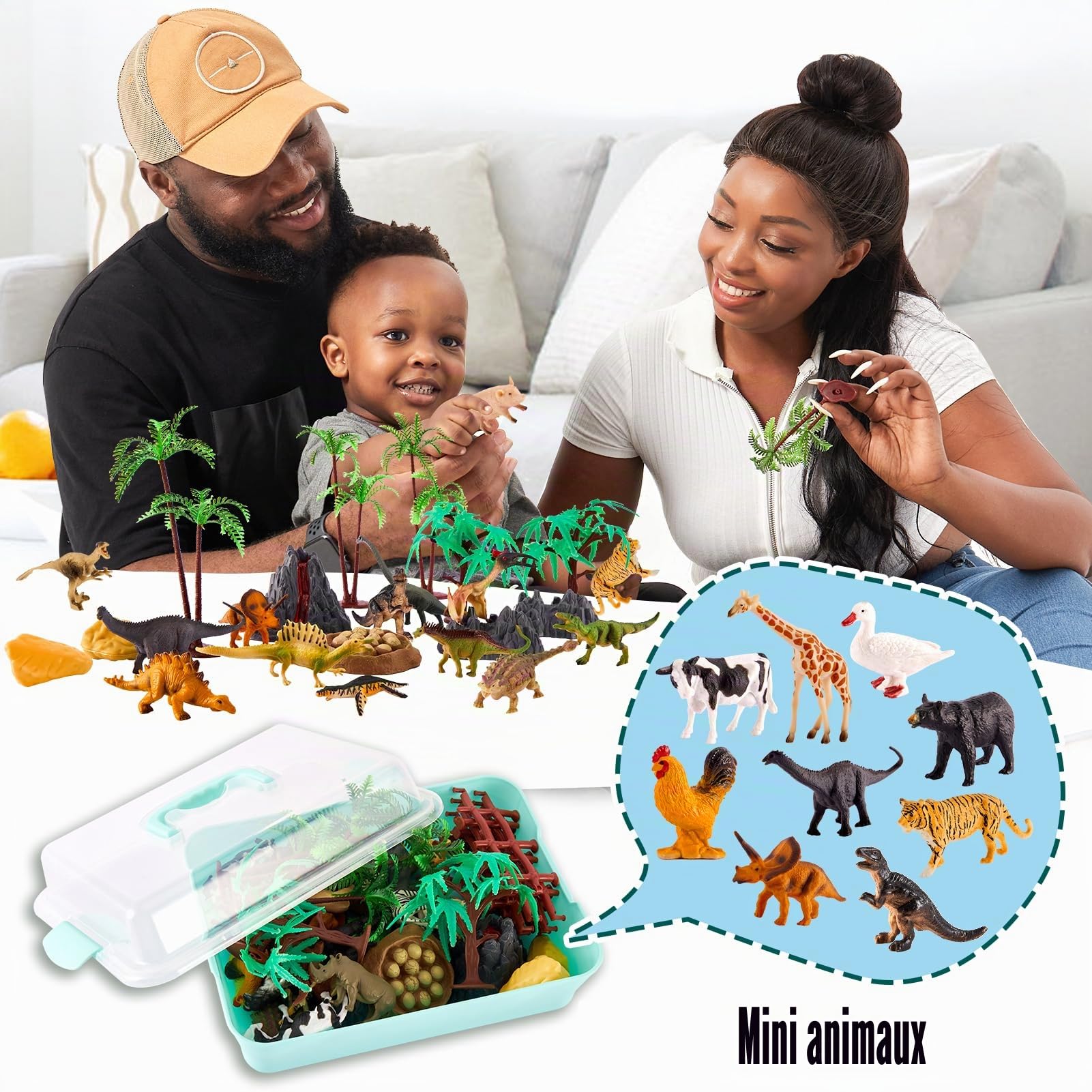 TOEY PLAY Jouet Figurines Animaux de la Ferme, Animaux Zoo, Dinosaure Jouet | 56 Pièces Mini Sauvages Savane Animaux Figure Ensemble de Jouets avec Malette, Jeux Cadeau pour Enfants 3 4 5 Ans