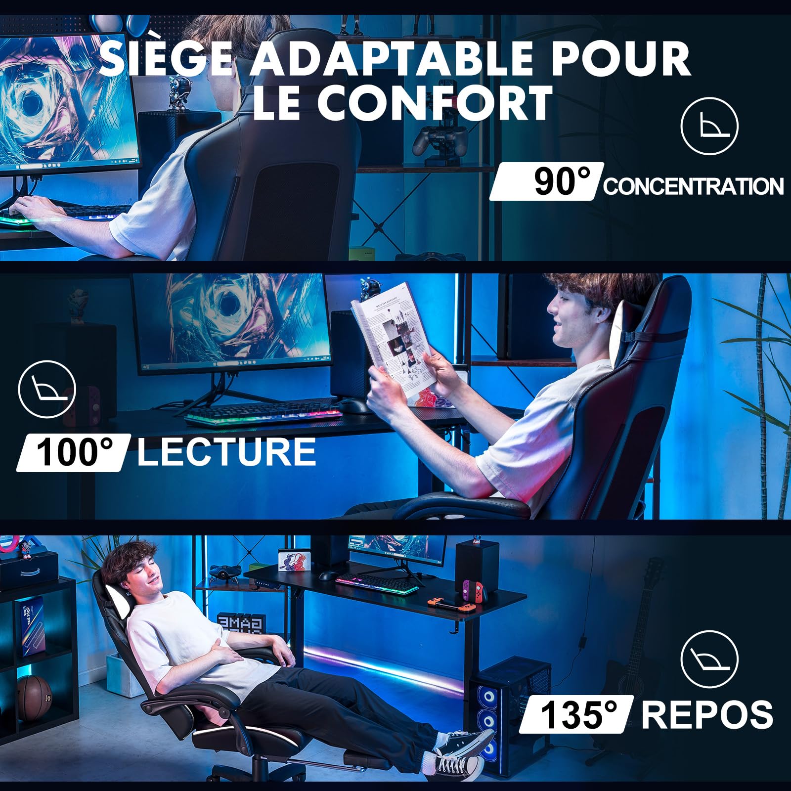 GTPLAYER Chaise Gaming, Chaise de Bureau Ergonomique Réglable en Hauteur, Utilisable en Hiver et en Été, avec Dossier Double, Repose-Pieds, Housse Amovible et Support Lombaire, Supporte 150 kg, Blanc