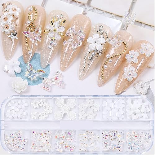 Miniatura 5 de Dijes de acrílico 3D con diseño de mariposa, flores blancas, osos para uñas, bonitos dijes de uñas, diamantes de imitación de cristal estrellado