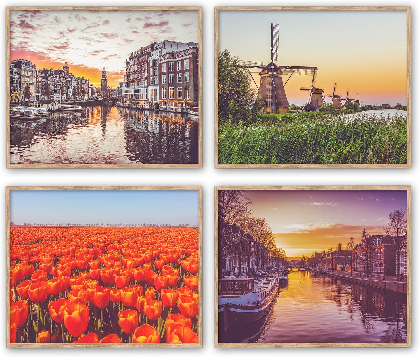 The Netherlands Vintage Vibrant Photography Photographic Prints, Set of 4, Unframed, Windmills, Canals, Tulips, Amsterdam, Wall Art Decor Poster Sign, 8x10 Inches