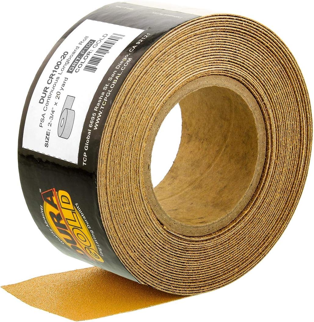 Premium Gold 100 Grit PSA Longboard Sandpaper, 20 Yard Roll, 2-3/4" Wide, Self Adhesive Stickyback, Woodworking & Automotive Sandpaper Roll, Air File Sand Paper, Auto Sanding Blocks