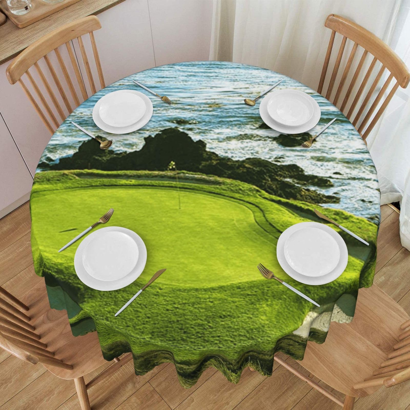 DCEHGEW 60 In Round Tablecloth with Lace, Beach Golf Course Printed Oilproof & Washable Fabric Picnic Table Cloth Table Covers