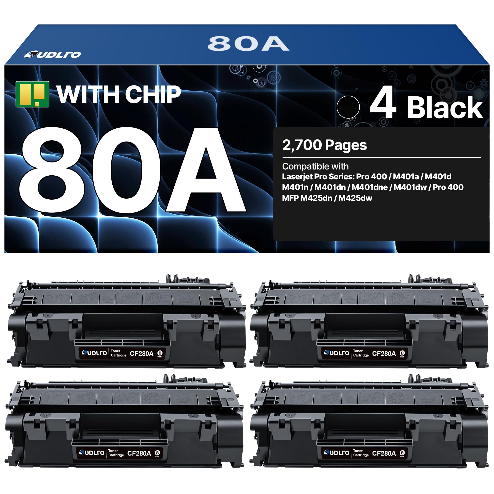 80A Toner Cartridge Black - Replacement for HP 80A CF280A 80X CF280X to use with Pro 400 M401dn M401dne M401n MFP M425d M425dw P2055DN Printer(Black, 4-Pack)