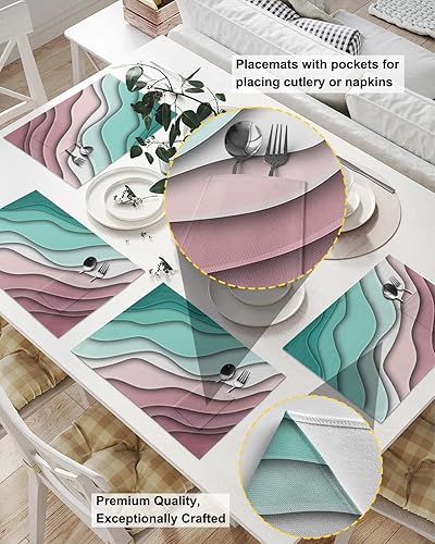 Miniatura 2 de Juego de 6 manteles individuales para mesa de comedor, color verde degradado, color rojo oscuro, manteles individuales de cocina de lino de algodón