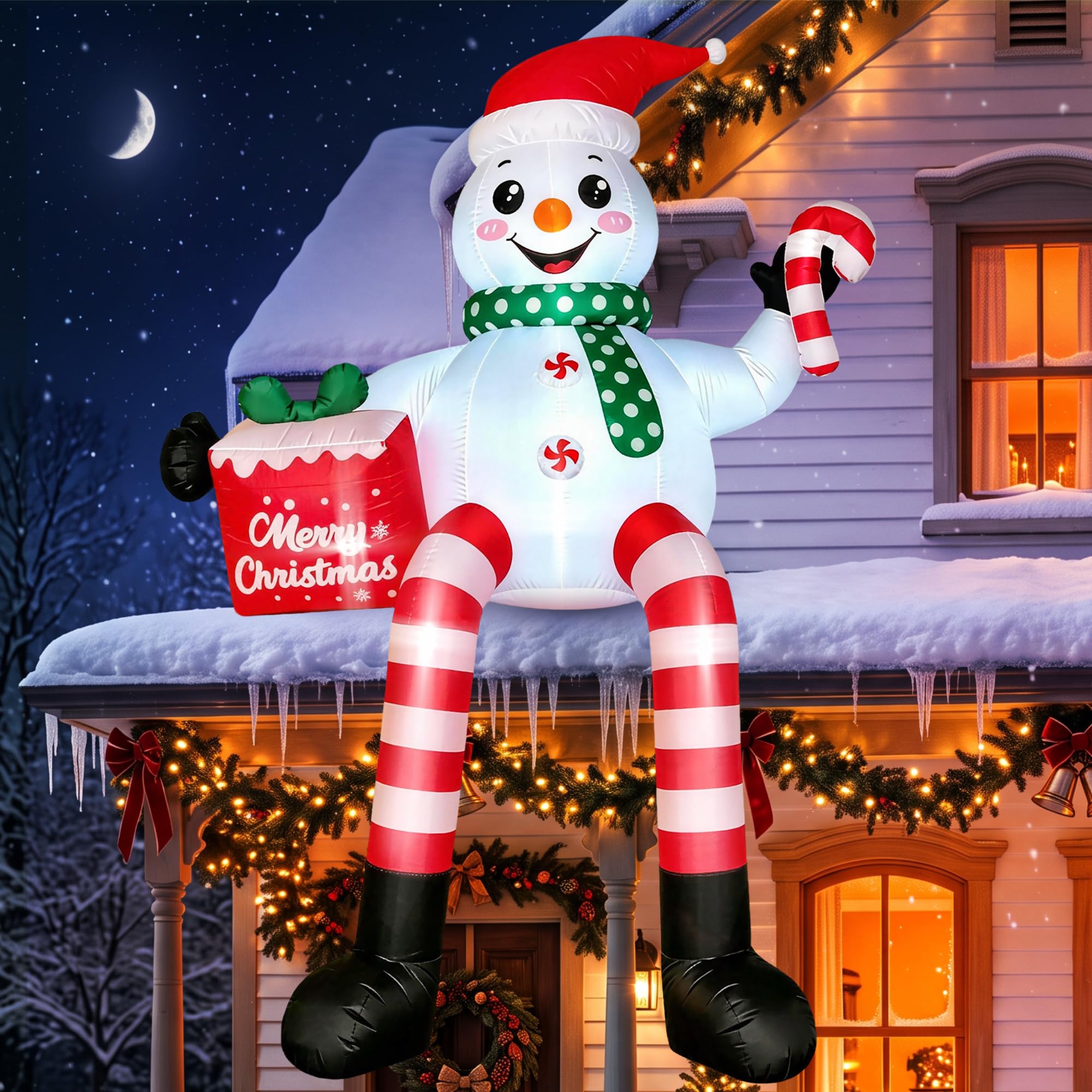 JOVIPOP Bonhomme de neige assis de 4,9 m recevant des cadeaux, décorations de Noël gonflables d'extérieur