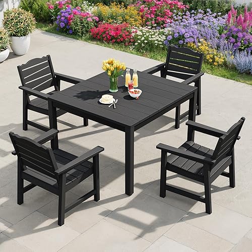 Miniatura 8 de Silla de patio resistente a la intemperie, sillas de patio al aire libre de madera de polietileno con asiento curvado ergonómico, sillas de comedor