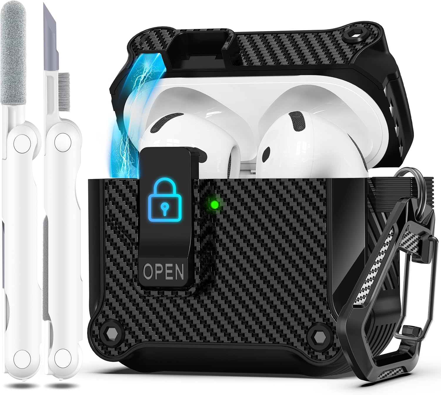 Product image of R-fun Compatible with AirPods 4th Gen Case, Full Drop Protection Auto Pop-Up Lid and Lock Design with Cleaner Kit and Keychain for AirPods 4 2024-Fibre Black