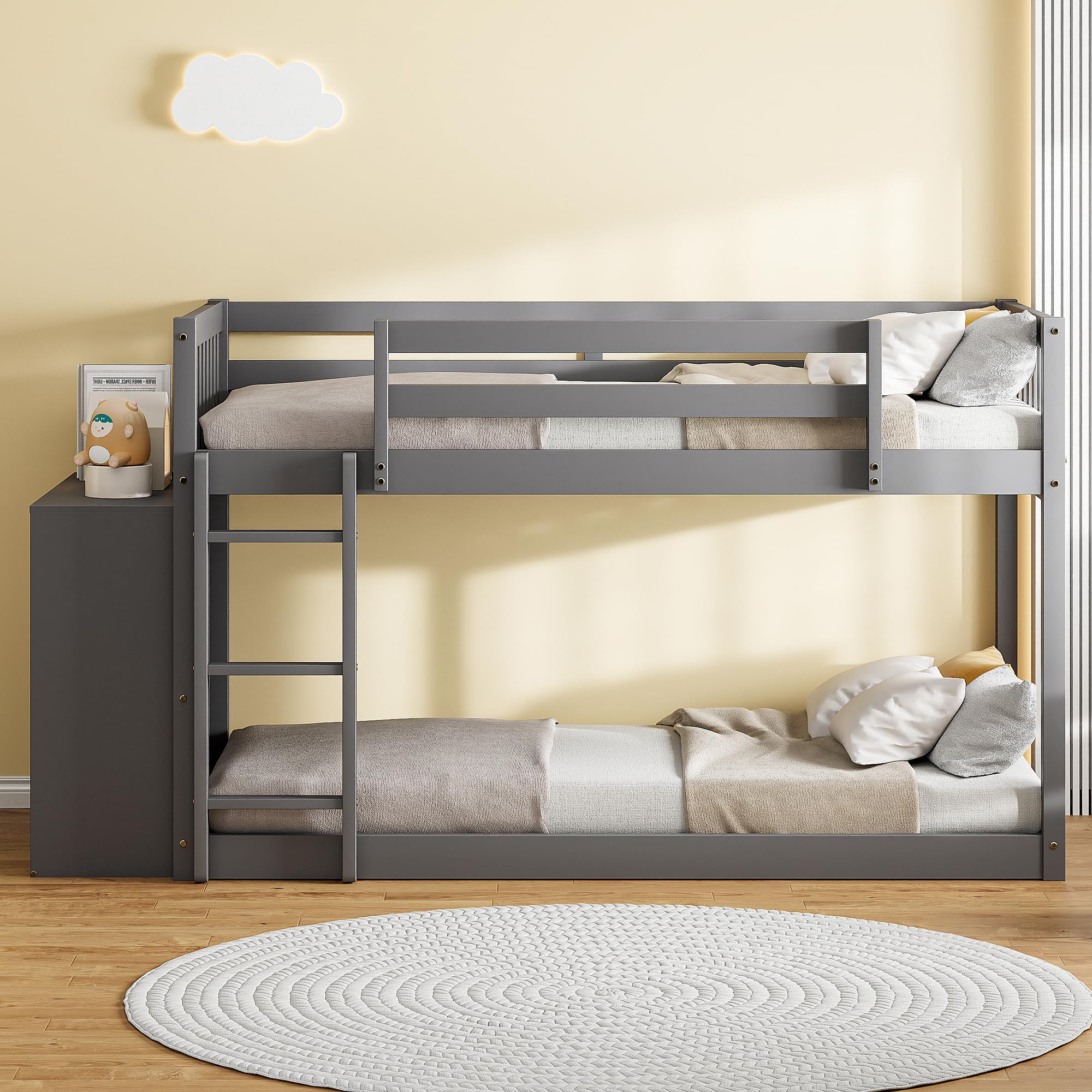 Harper & Bright Designs Twin Over Twin Low Bunk Bed with Storage,Floor Bunk Bed Frame with 4 Drawers and 3 Shelves, Solid Wood Loft Bed for Kids Girls Boys - Gray