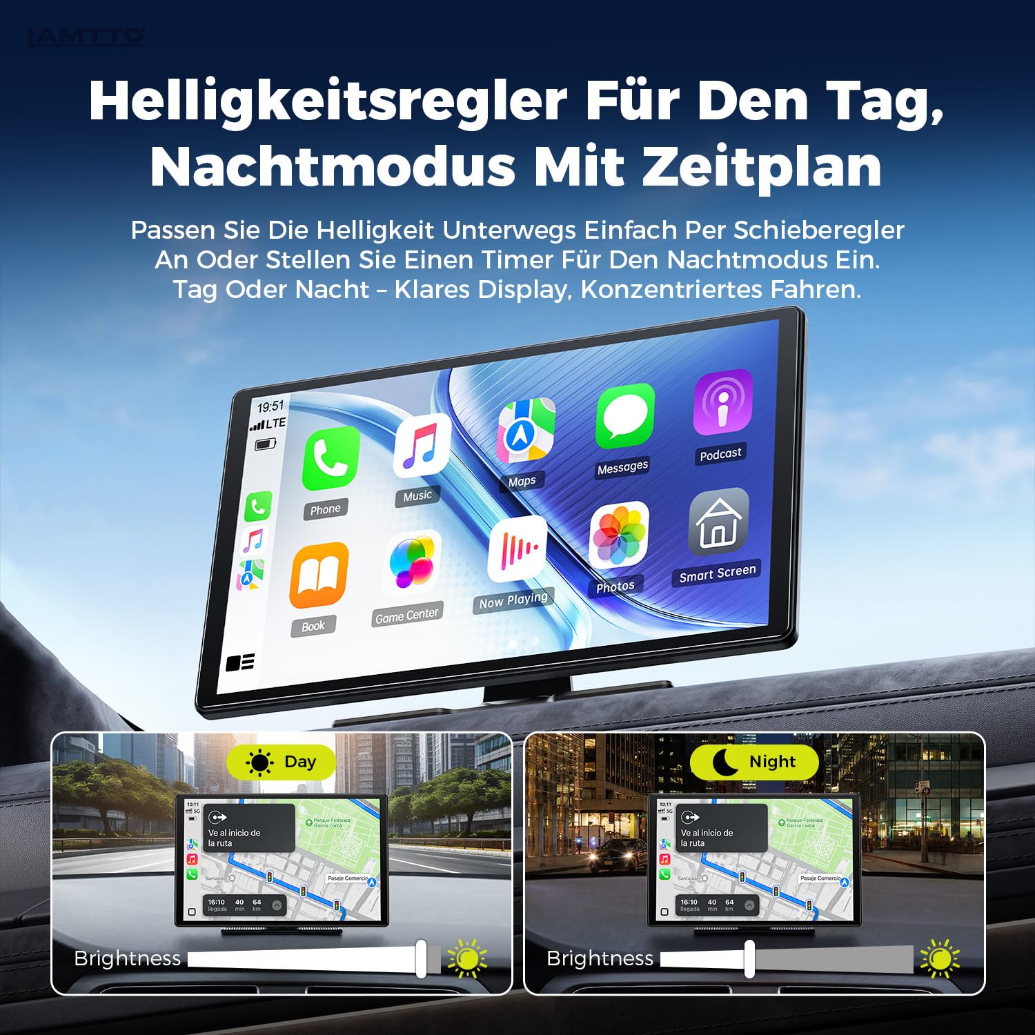 LAMTTO 2026 Upgrade 11 Zoll Wireless Carplay Display mit Apple CarPlay und Android Auto, Tragbares Car Play Touchscreen mit GPS Navigation, Bluetooth, AirPlay,AUX,Anschluss für alle Fahrzeuge