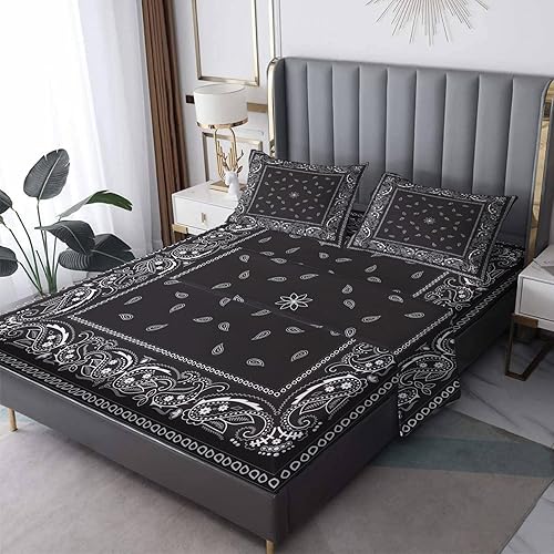 THYUNQ Sábanas tipo bandana color negro, tamaño Queen, sábanas y fundas de almohada con patrón de cachemira, bolsillo profundo de 16 pulgadas, juego