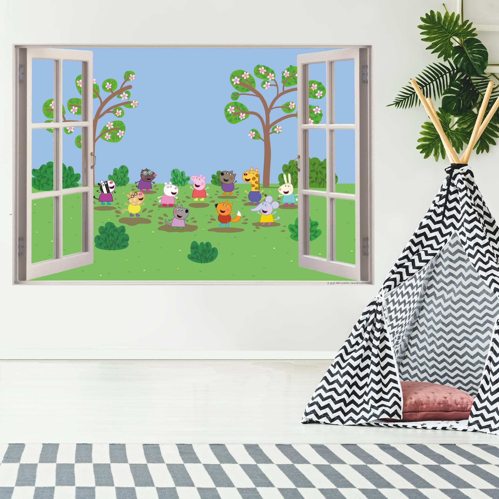 Peppa Pig Wall Sticker - Peppa and Friends Jumping in Muddy Puddles Window Wall Decal Kids Art (60cm Width x 40cm Height)
