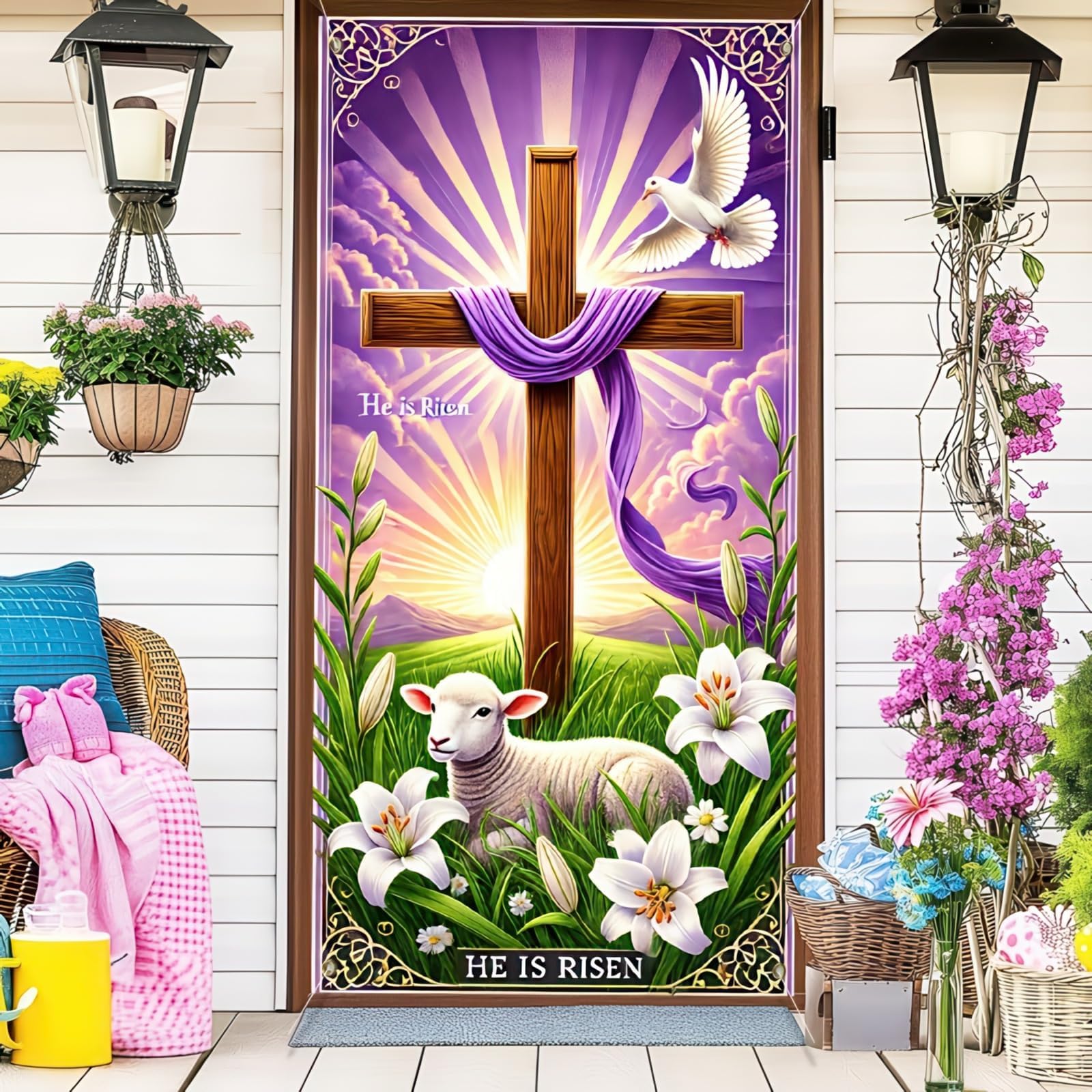 He Is Risen Easter Door Banner 71x35 Inch, Christian Easter Decorations Religious Cross & Lamb, Easter Banners for Church Sanctuary Front Door Porch Wall, Resurrection Easter Decor for Home Outdoor