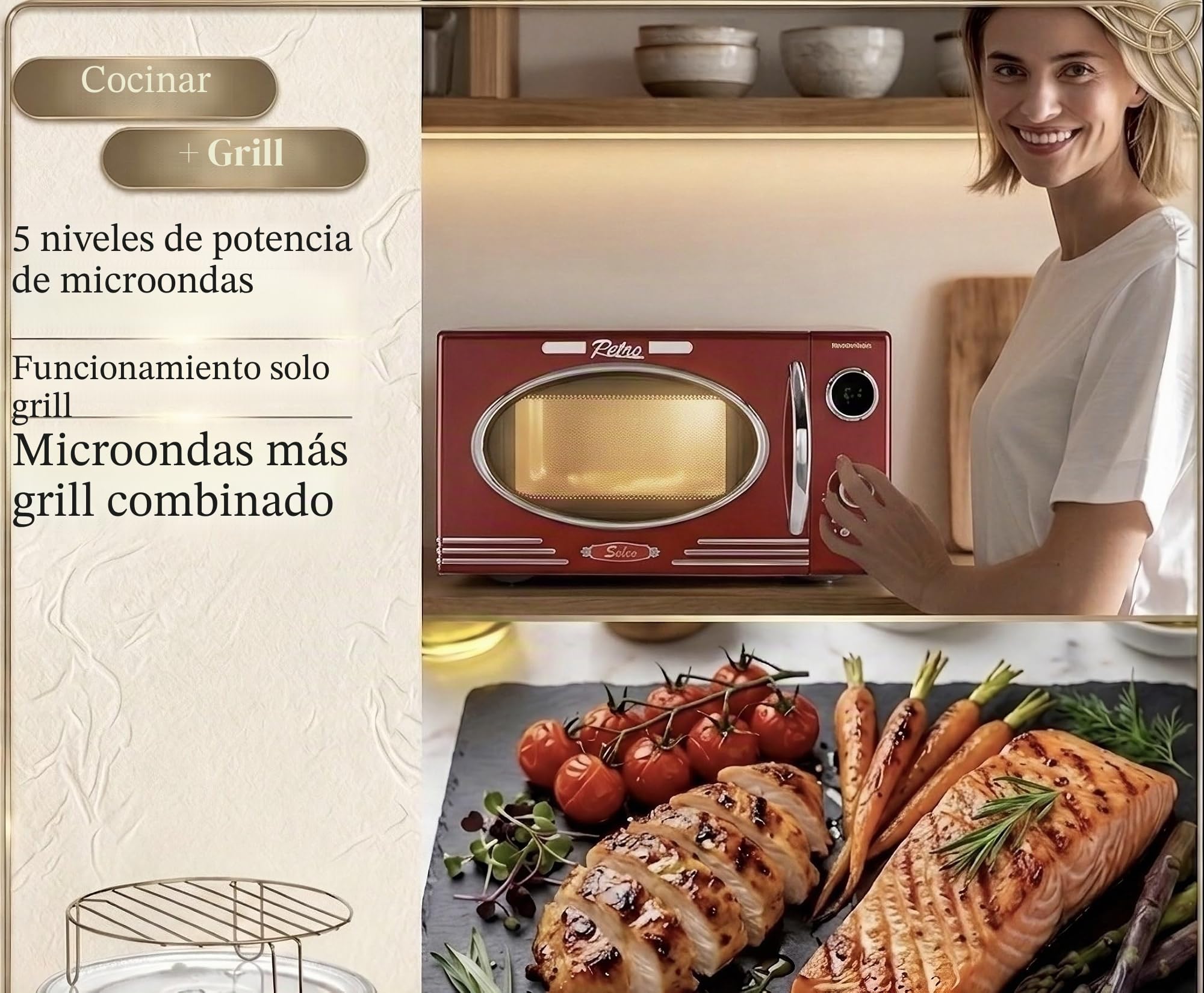 Salco Microondas 2 en 1 | Estilo retro | Capacidad 23 L | 900 W | 12 programas incluyendo descongelar y calentar | Función exprés | Plato giratorio y rejilla grill incluidos | Rojo metálico
