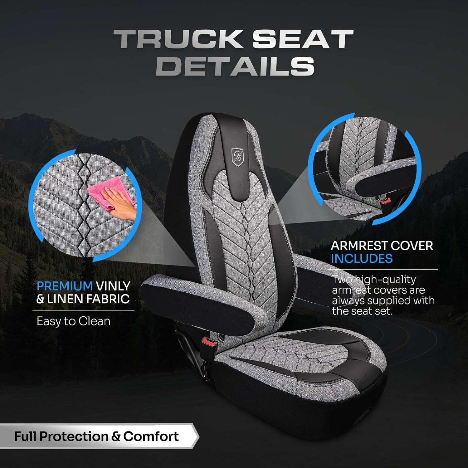 Custom Fit Truck Seat Cover for Peterbilt 579, 567 – Linen Fabric – Grey with Black Coloured – Includes Armrest Covers and Assebly Tool - Image 3