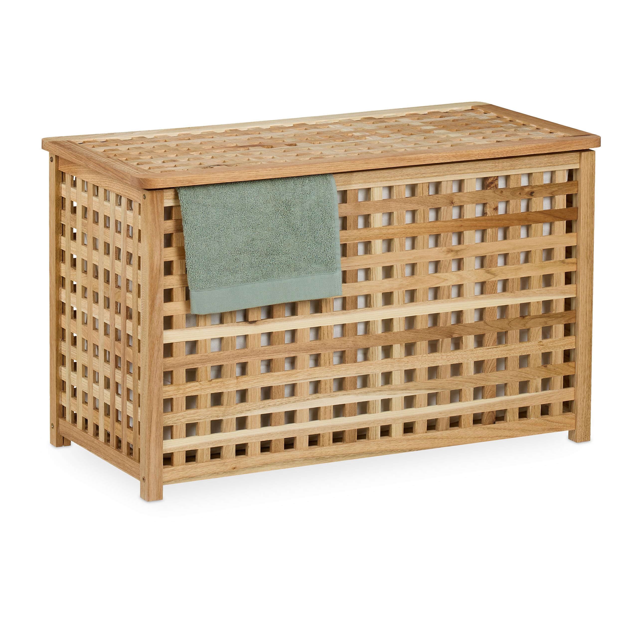 Relaxdays Wäschetruhe Wäschekorb – Walnussholz, natur mit herausnehmbarem Innensack, 90 l