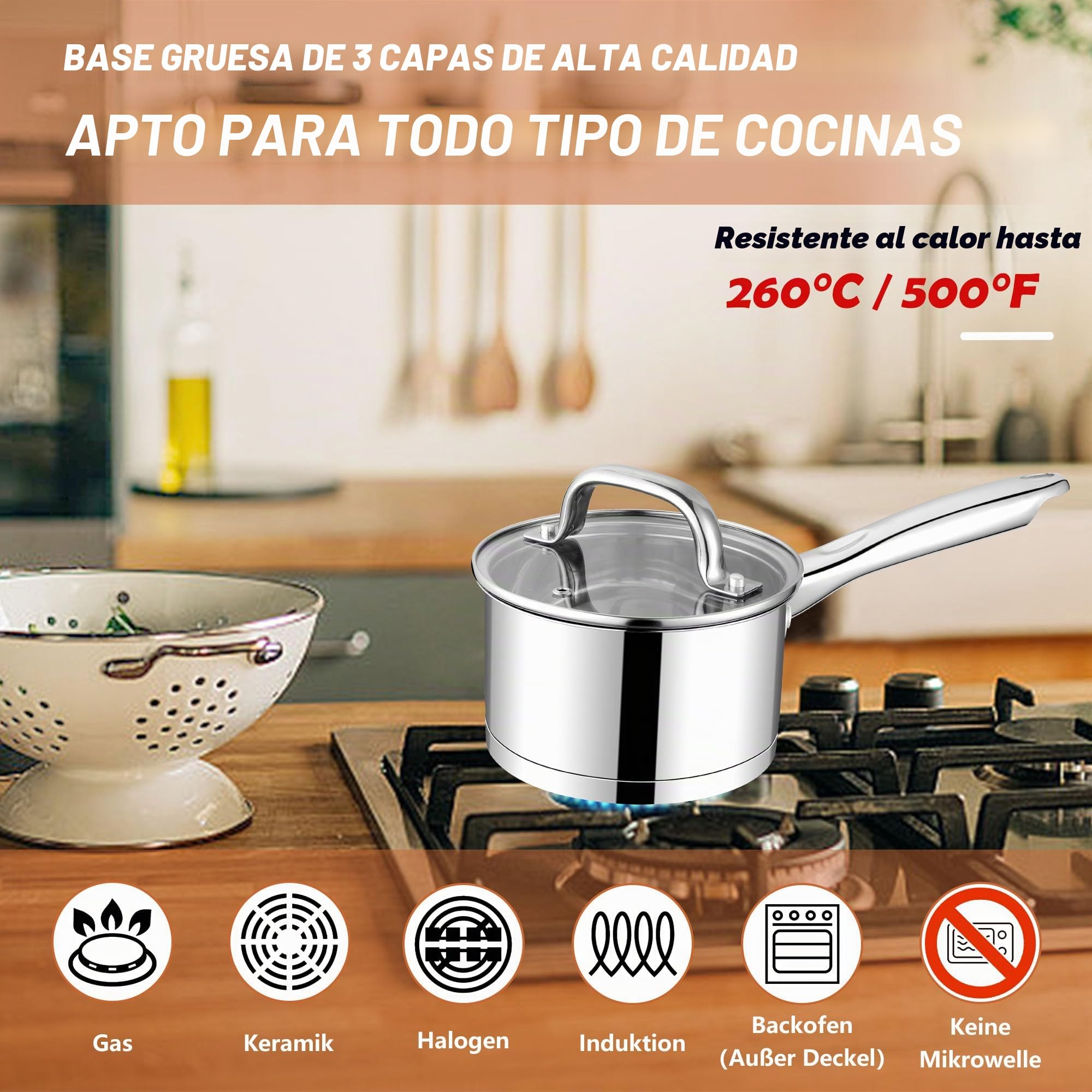 Homikit Cacerola pequeña de acero inoxidable de 14 cm, 3 capas | 0,95 L olla de inducción para porciones pequeñas, sin pintar y apta para lavavajillas
