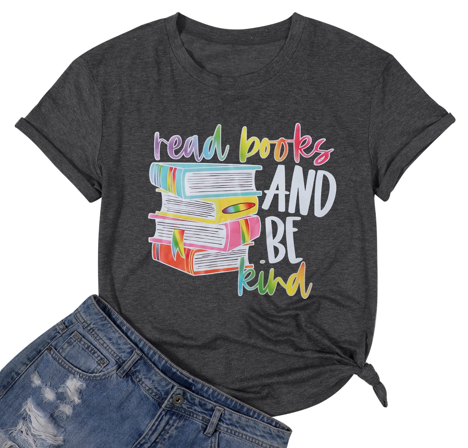 DUTUTBook T Shirt Women Read Books and Be Kind Shirt Funny Inspirational Teacher Shirts Casual Book Lover Tops