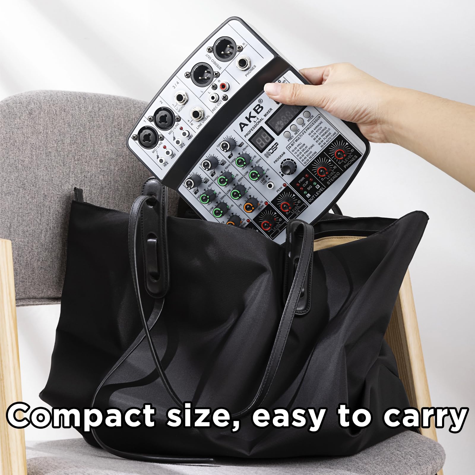 Mixer DJ a 4 canali audio mixer scheda audio con Bluetooth, interfaccia audio USB con 48 V Phantom Power Sounds Mixer Board con 99 DSP FX Riverbero Delay Effect