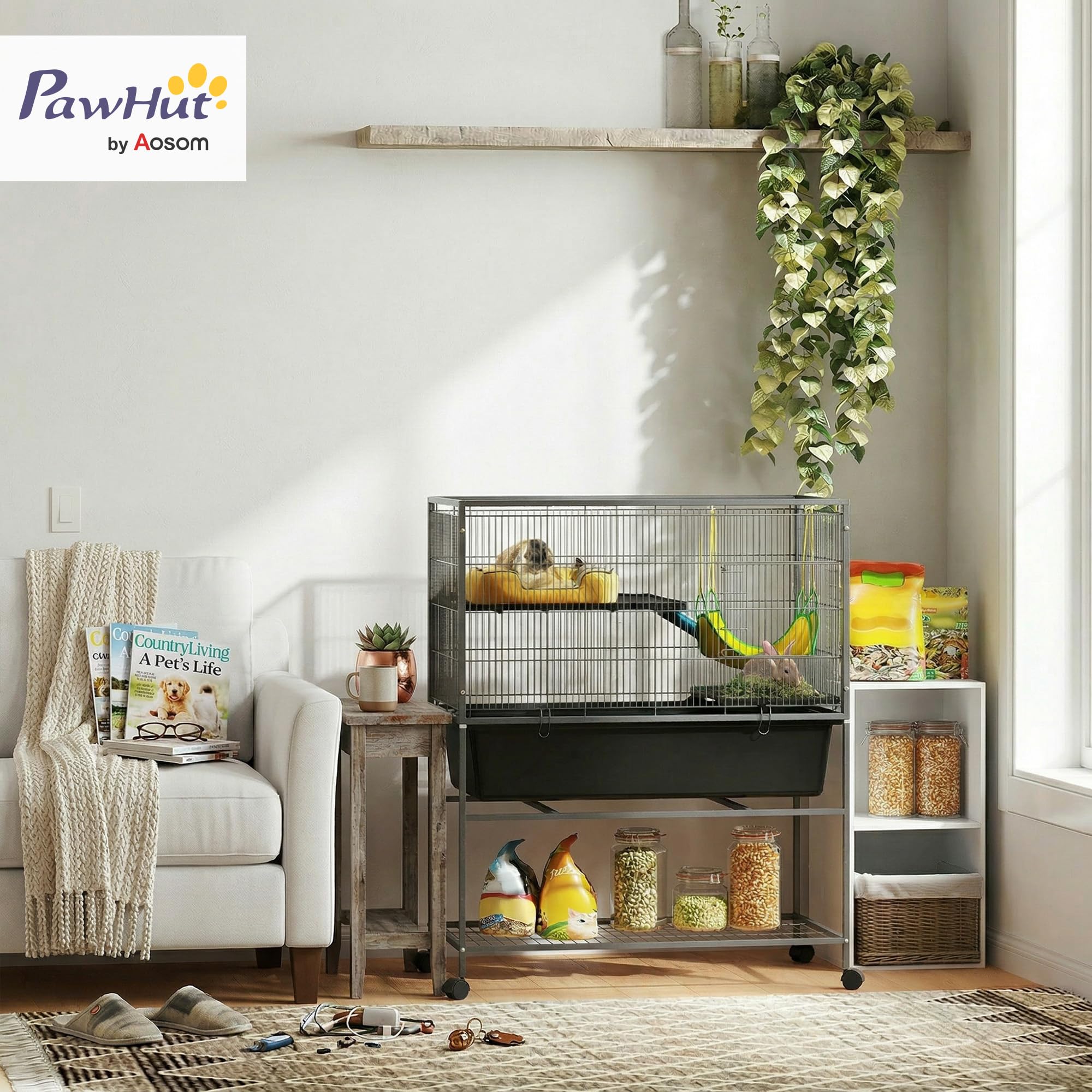 PawHut Jaula Grande para Hurones de 3 Niveles Jaula para Conejos con Ruedas Rampas Hamaca y Bandeja Extraíble Jaula para Animales Pequeños Roedores Chinchillas 88x48x102 cm Gris Oscuro