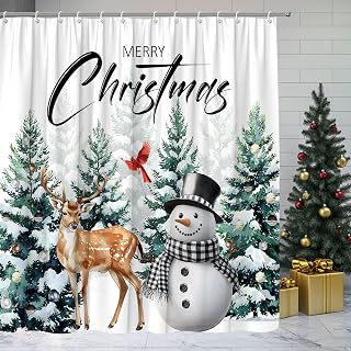 Merry Christmas Shower Curtain Winter Snowman Deer Pine Tree Forest Elk Snowy Rustic Holiday Farmhous New Year Festival Bathroom Curtain Fabric with Hooks(70" WX70 H)