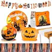Halloween-Babyparty Geschirr-Set – Teller, Tassen, Banner, Tischdecke, Berg-Motiv