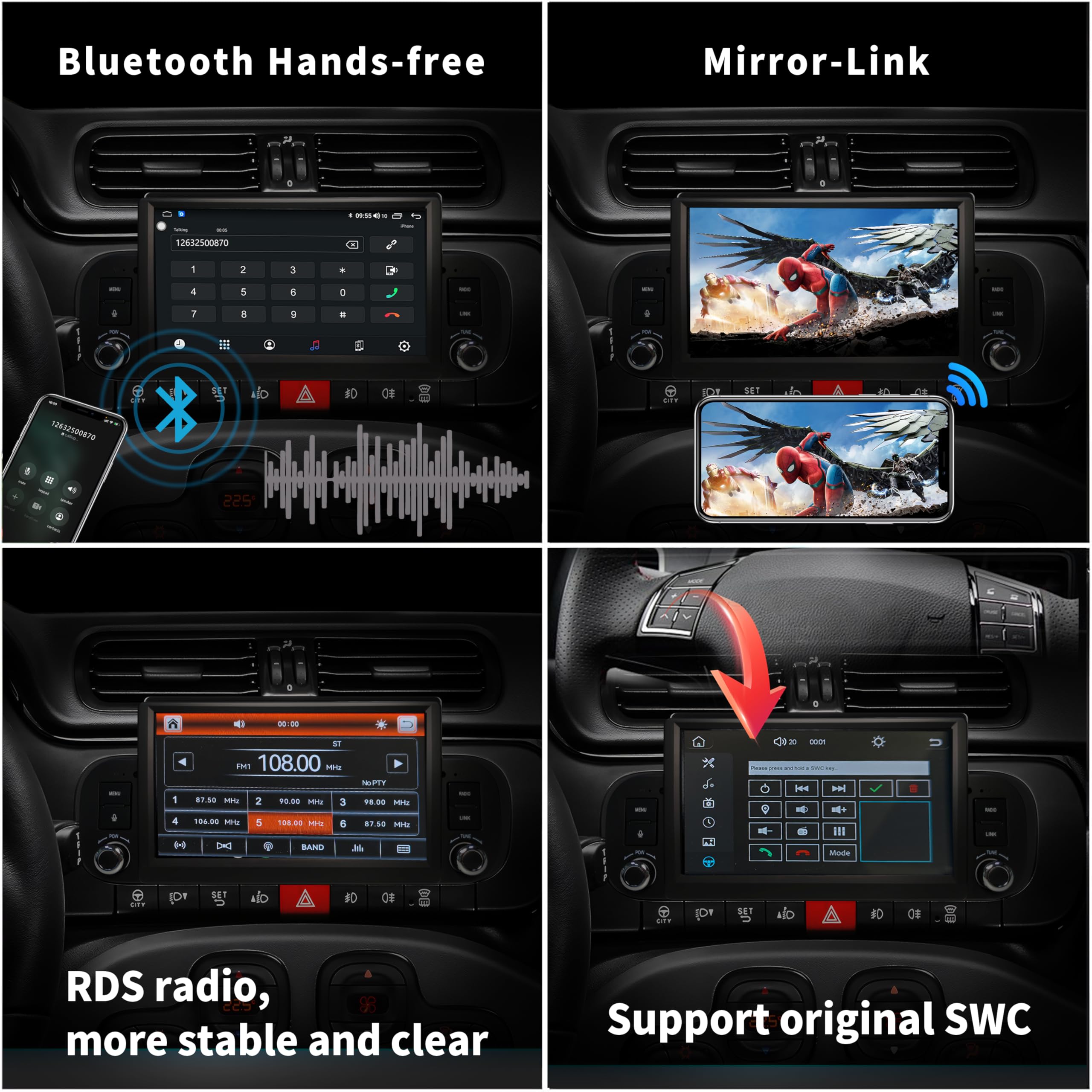 Autoradio per Fiat Panda 2013-2020 con Carplay/Android Auto/Mirrorlink Radio Schermo tattile Supporto, Bluetooth/FM/AM/USB/EQ 7 pollici Touchscreen