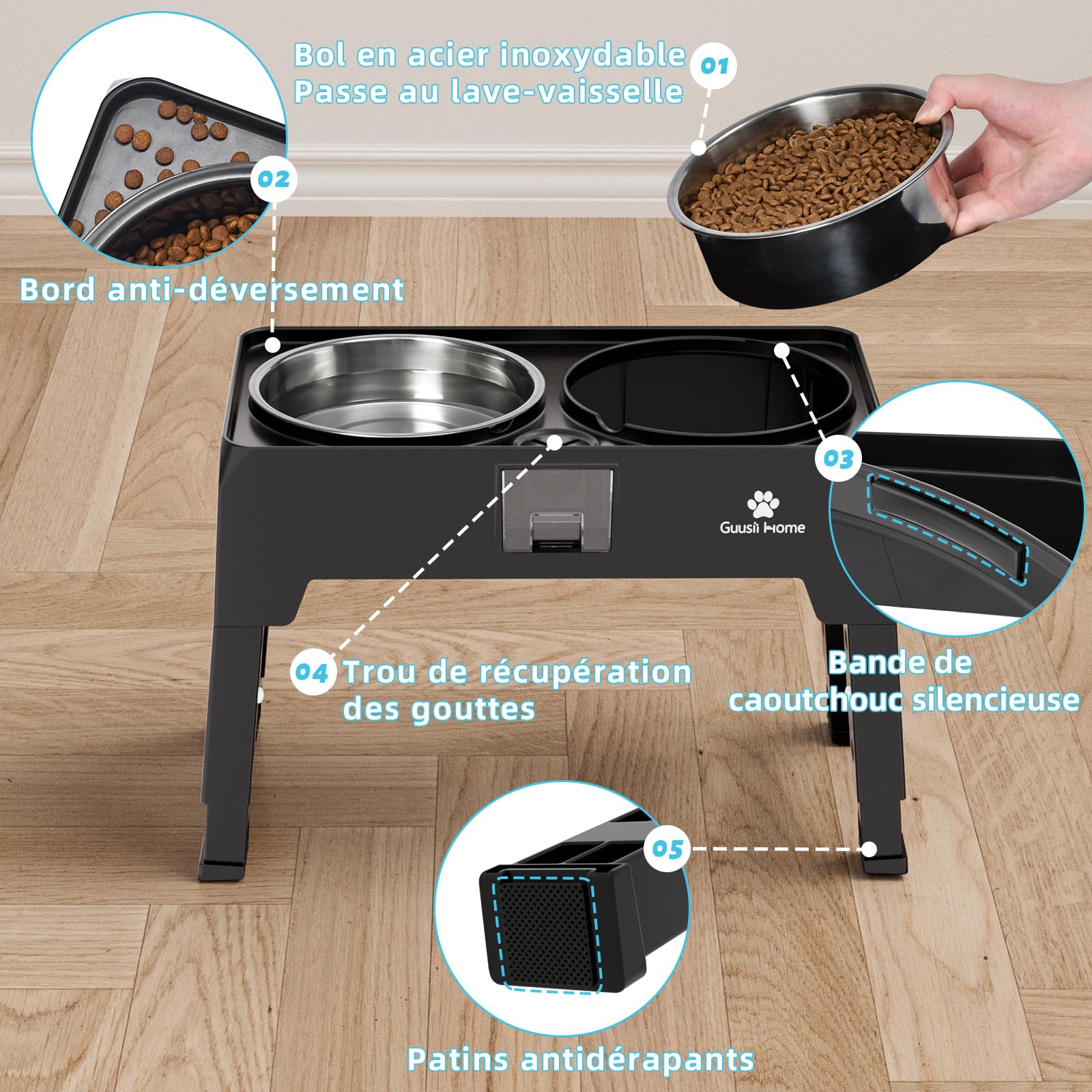 GUUSII HOME Gamelle Surélevée pour Grand Chien - Porte Bol Haute INOX - Bar à Gros Chien Moyen Chiot - Hauteur Réglable 43.5 * 24.4 * 12/25.7/29.7/33.7cm 2000ml
