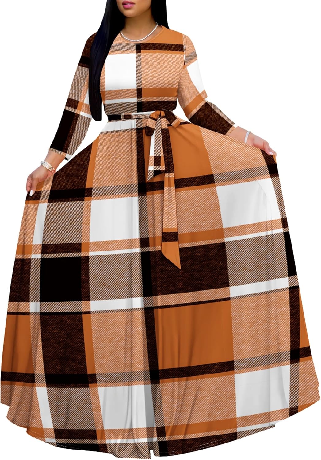 Plus Size Maxi Dresses for Curvy Women Casual 3/4 Sleeve Crewneck Floor Length Floral Print Dress with Belt