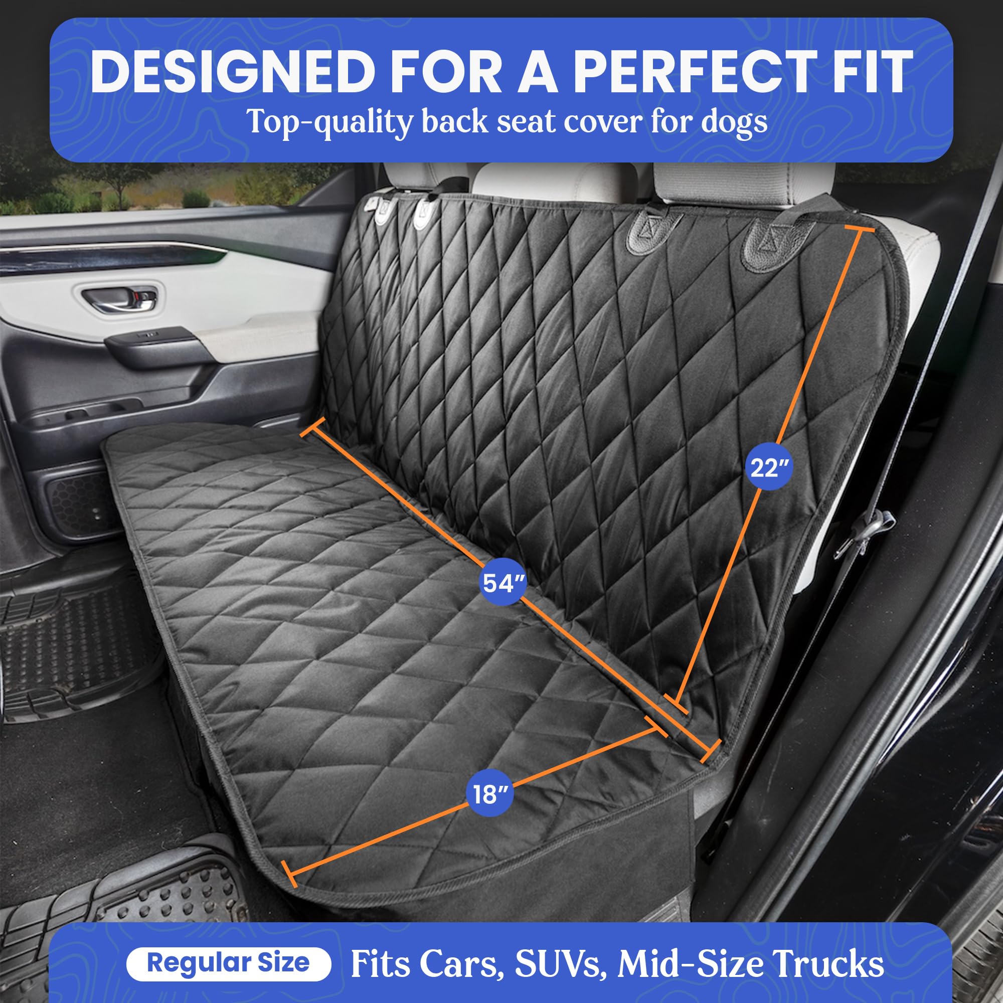 4Knines Back Seat Pet Cover for Dogs w/o Hammock – 54" Wide, Waterproof Car Seat Cover, Non-Slip, Heavy-Duty – Fits Cars, SUVs, Small Trucks – 2 Seat Belt & Latch Access – Back Seat Protector (Black) - image 2
