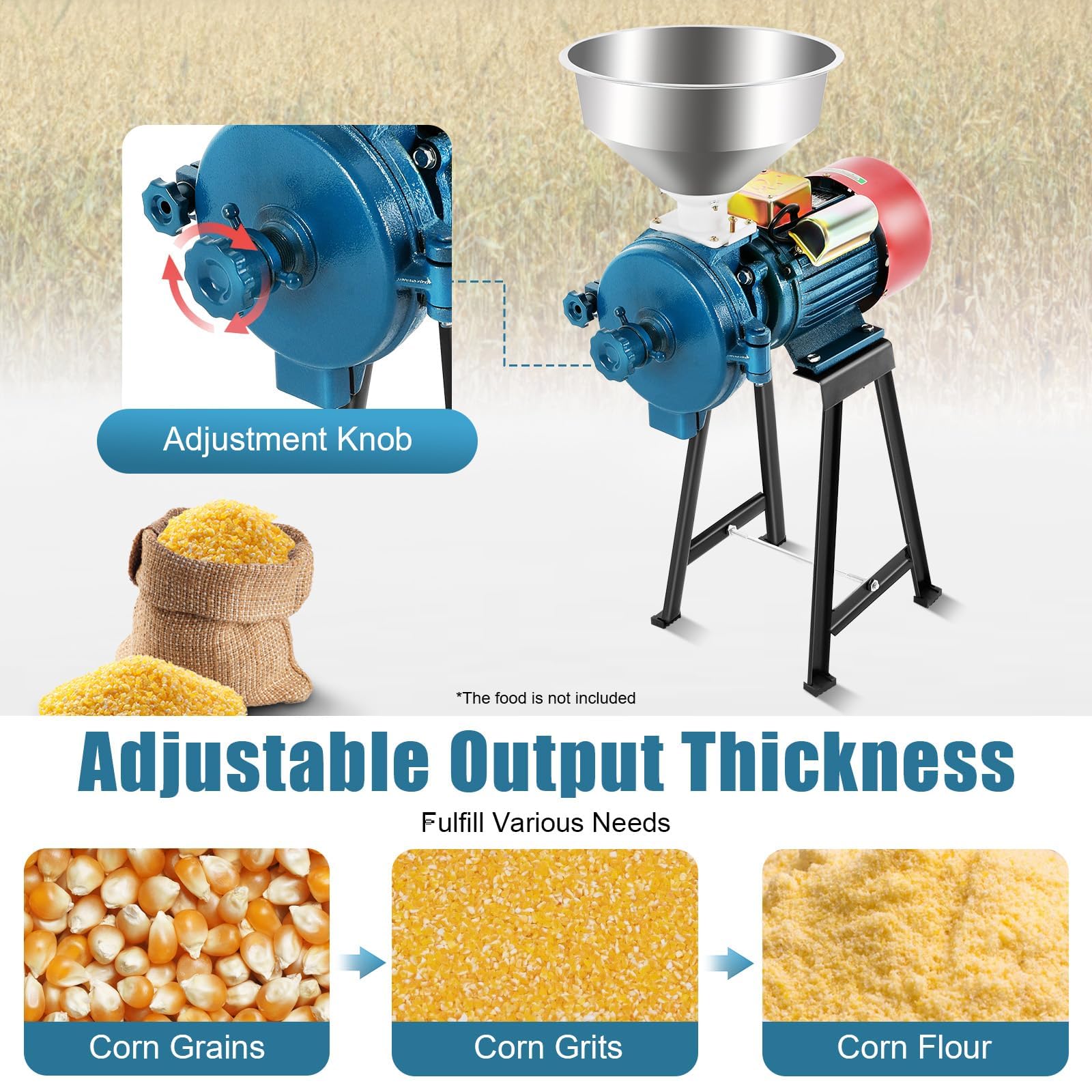 Elektrische Getreidemühle, 2200 W, für Körner, Mais, Stroh, Lebensmittel, 54 kg/h | Elektrischer Grinder, Getreidemühle, hohe Leistung, Trichter aus Stahl, 1400 U/min