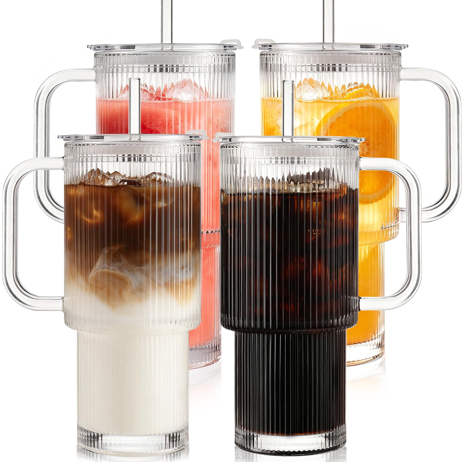 Photo 1 of Iced Coffee Cups with Lids: Coffee Bar Accessories - Ribbed Glass Tumbler with Straw and Lid 4 Pack - 24oz Tumbler Leak Proof - Glass Cups Tumbler with Lid and Straws - Coffee Tumbler with Handle700ml