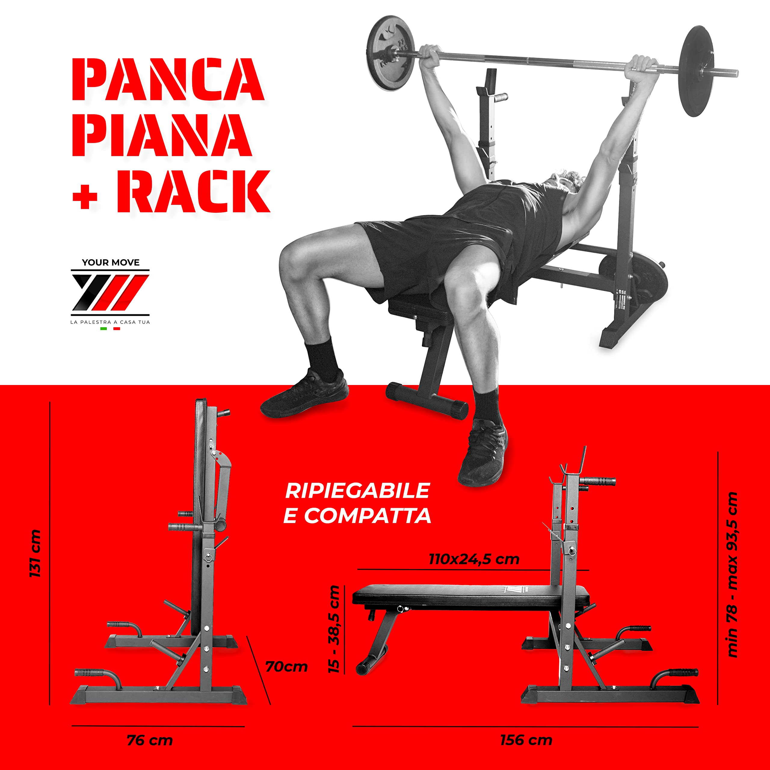 YM Bench Weight, Panca Sollevamento Pesi Professionale Regolabile con Porta Bilanciere, Acciaio Inossidabile, Verniciatura a Sabbia, Morbidi Cuscini in Schiuma in Similpelle, Schienale Inclinabile