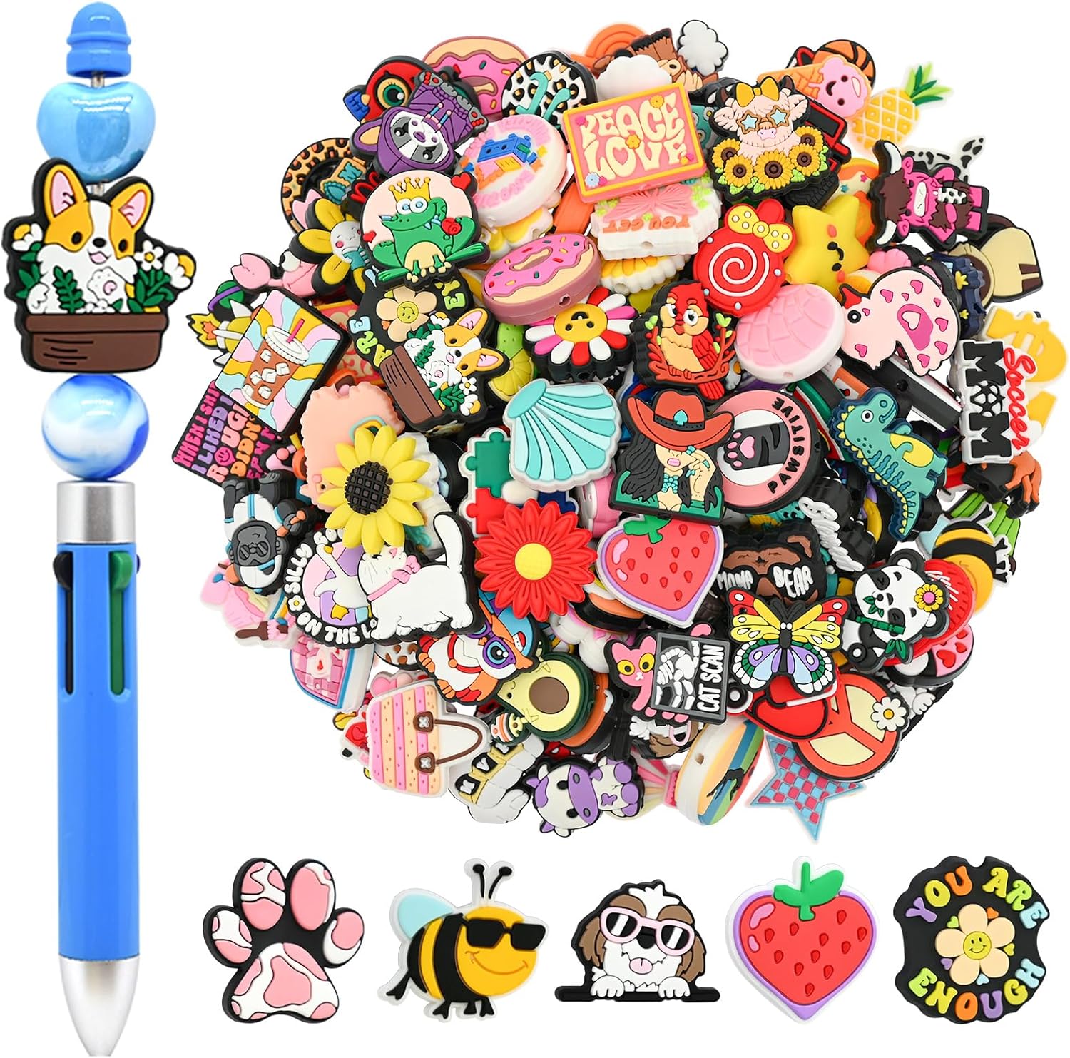 200Pcs Random Different Silicone Focal Bead for Pens Funny Keychain Making Bulk Pen Charms Bracele Jewelry Making Non-Repeat Pattern Cute Focal Beads for Pens Key Chain Lanyard Making DIY Your Gifts