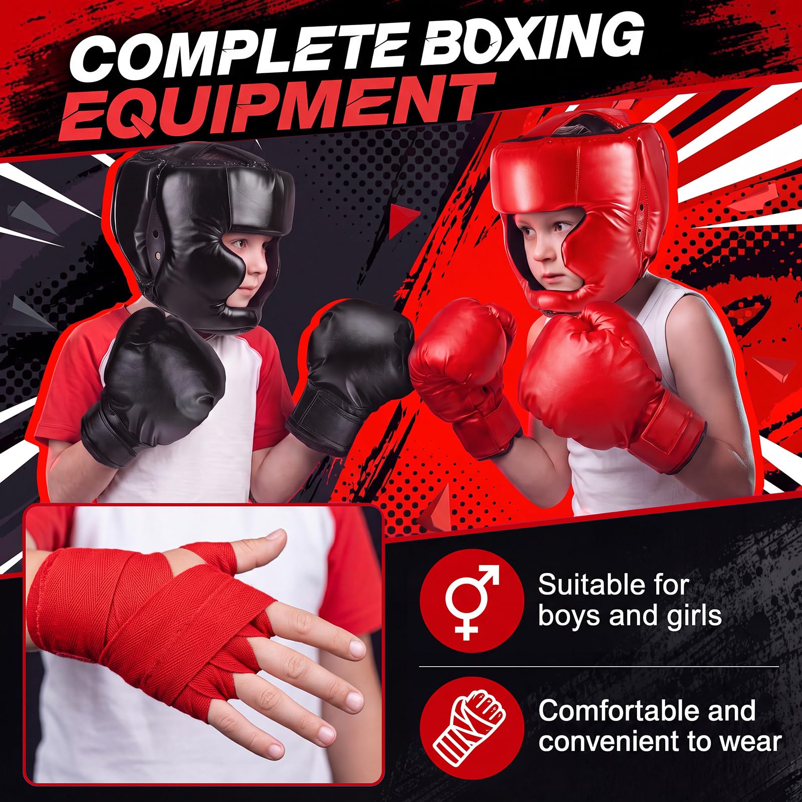 Kanayu Juego de 12 piezas de equipo de boxeo para principiantes de 6 a 18 años, incluyendo casco de boxeo y guantes, vendas de mano, protectores bucales deportivos, equipo de entrenamiento de