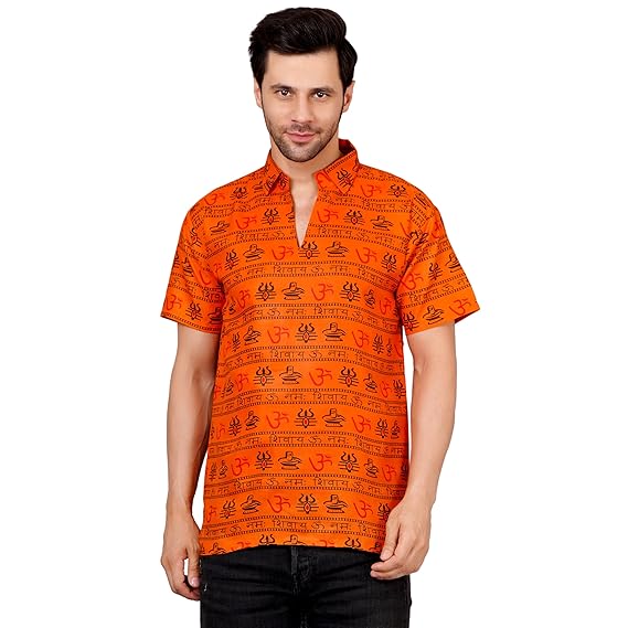 Men's Short Sleeved Printed Cotton Blend Short Kurta, Om namo Shiva