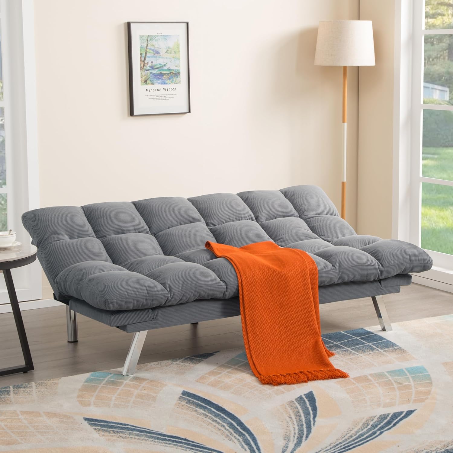 AC Pacific Modern Tufted Convertible Futon Sofa | 3-in-1 Sleeper Couch with Split-Back Design | Adjustable Sofa, Lounger & Bed for Living Room or Guest Space, Light Grey