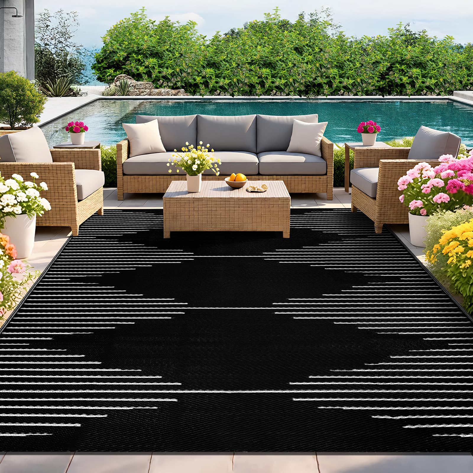 IMIYOKU Outdoor Rug for Patio Waterproof 270x365cm Reversible Large Outdoor Rug, Portable Plastic Straw Garden Rugs Carpet for Camping RV Backyard Balcony Deck Picnic, Black