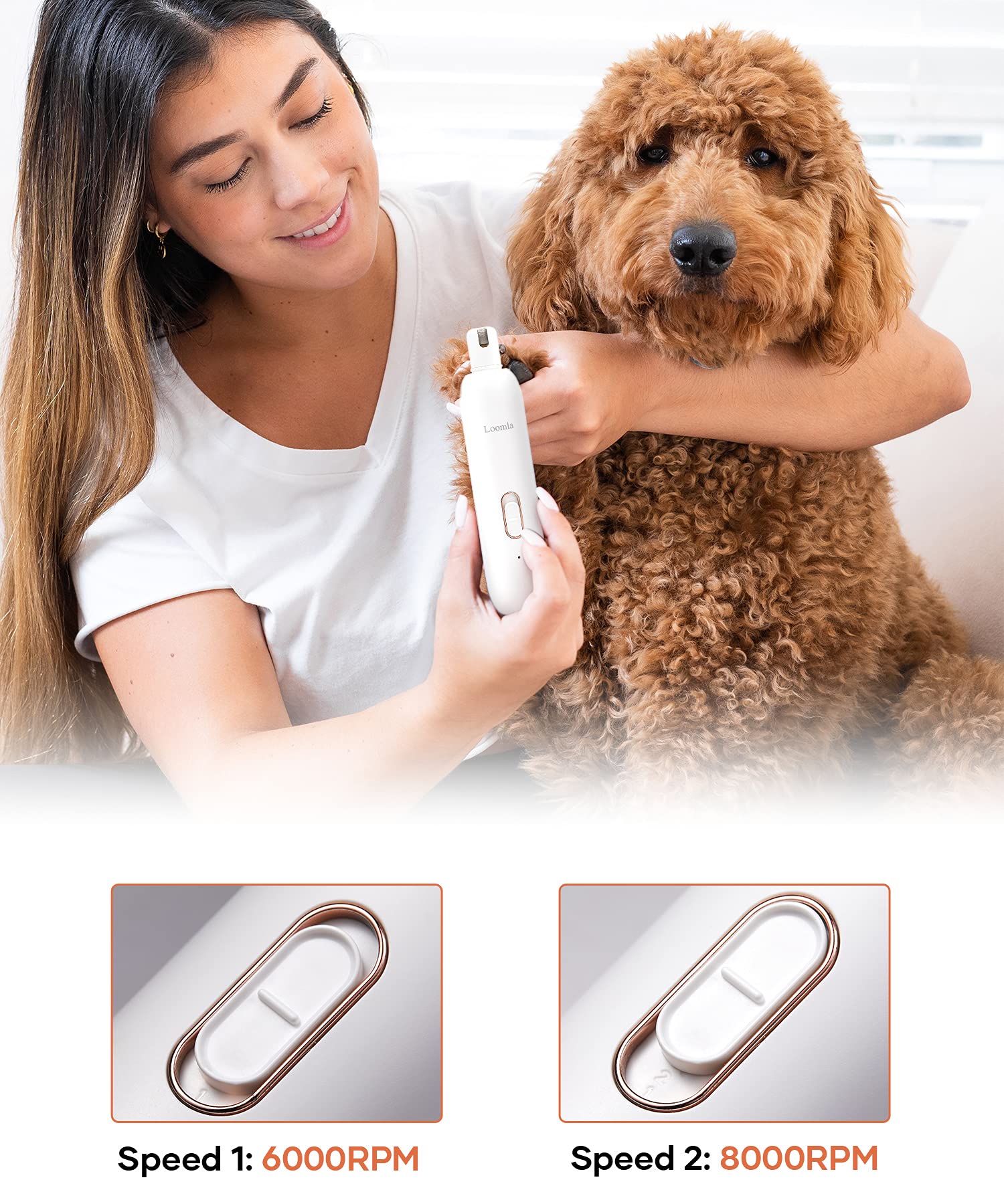 Loomla Dog Nail Grinder Upgraded - Professional 2 Speed Dog Nail Trimmers with Low Noise, USB Rechargeable Pet Nail Grinder, Paws Grooming and Smoothing for Dogs, Cats and Small Animals, White - image 5