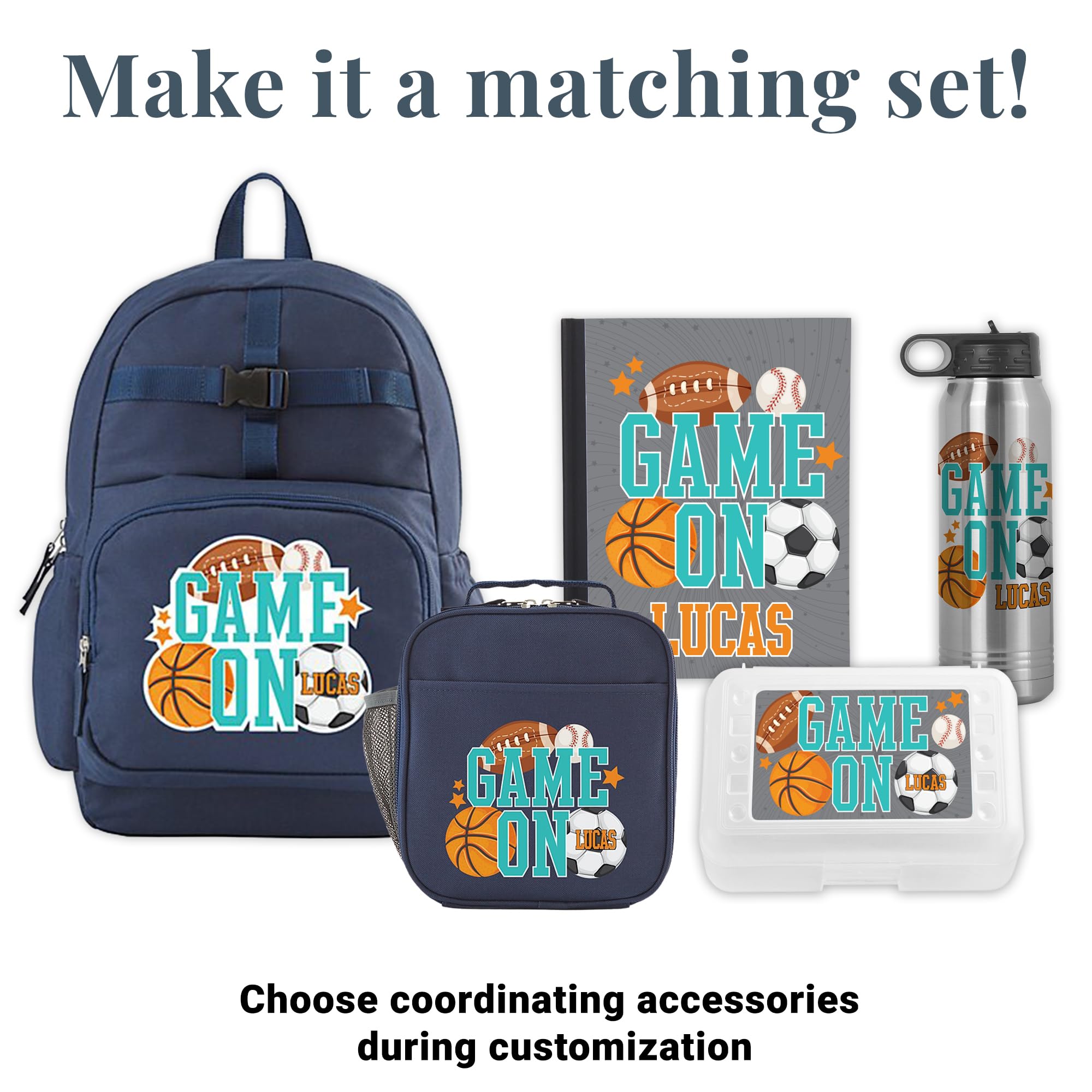 Let's Make Memories Kids Backpack for School - Personalized Back to School - Bookbag with Lunch Box - Blue - Sports - Game On