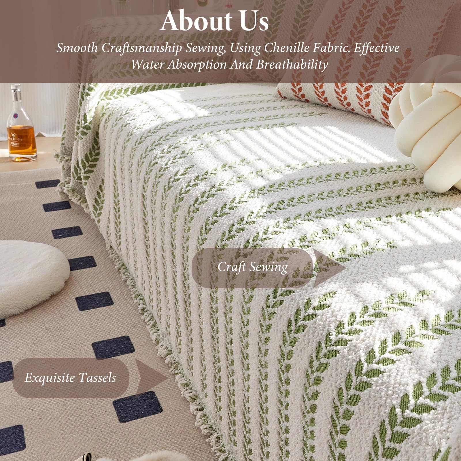 Multifonctionnel Plaid Canape Jeté de Canapé Grande Taille,Housse de Canapé, Couverture de Canapé à Motif Botanique, Couverture Canapé Automne/Hiver 180 * 300cm-Vert