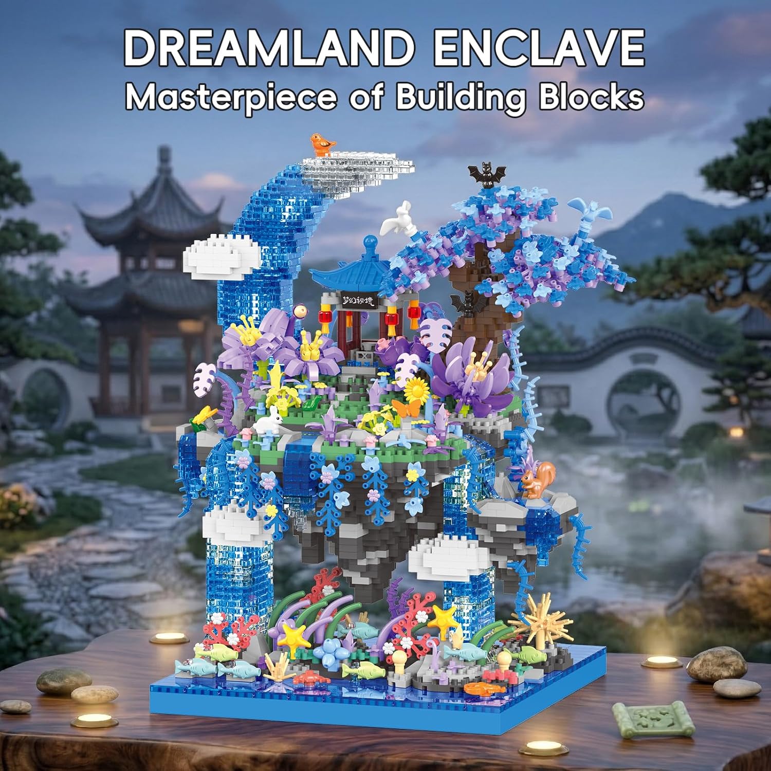 Cherry Blossom Tree Micro Mini Building Block Set 2769 PCS Fantasy Underwater World Floating Island Pavilion with Crescent Moon Architecture Model Cherry Bonsai Tree Gift for Teens Adults