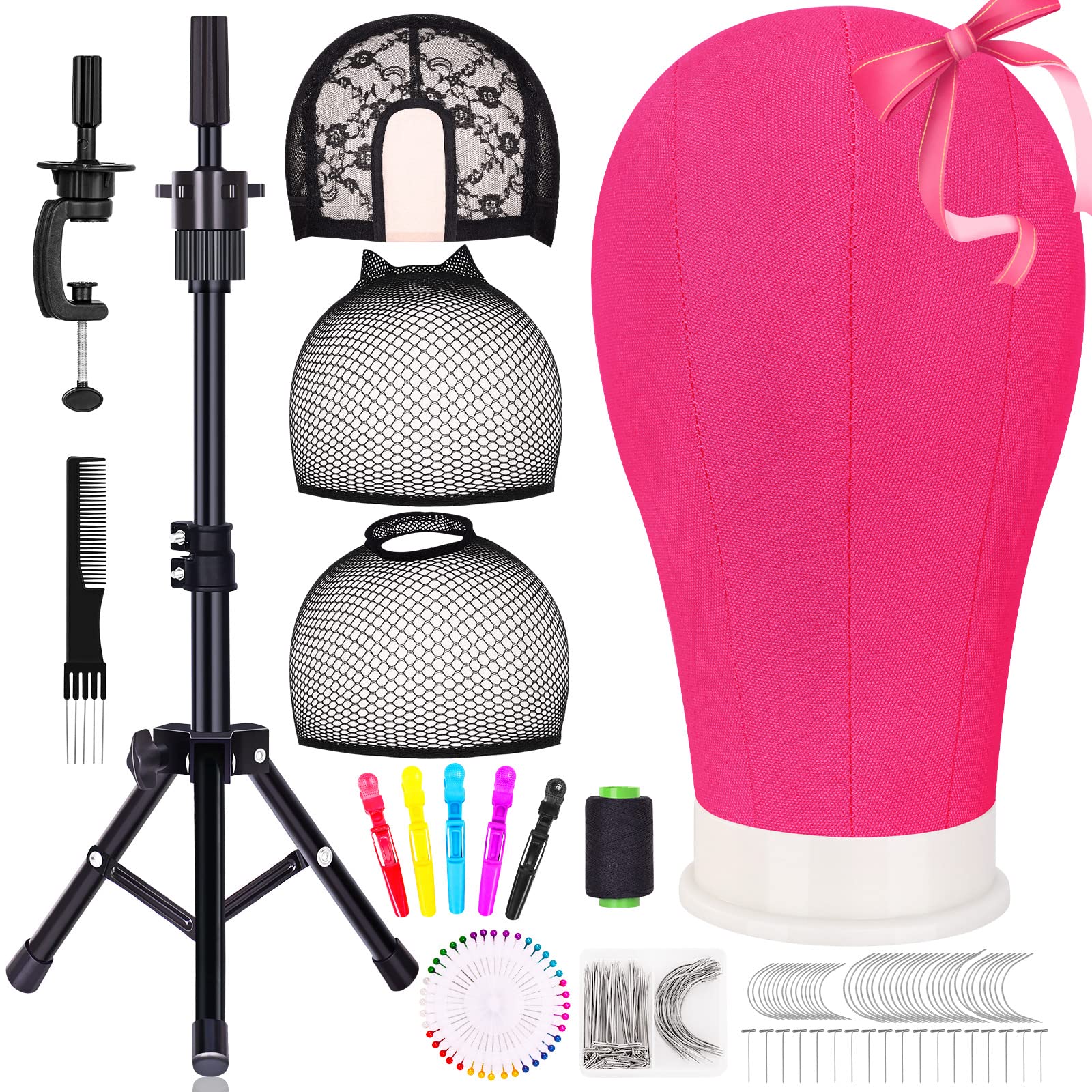 23 inch Wig Head, Wig Stand Tripod with Head, Canvas Block Pink Mannequin Head for Wigs Making Display Styling with Wig Caps, Wig T Pins, Black Bristle Brush(Rosy Head)