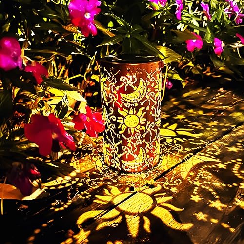 Miniatura 3 de Faroles solares colgantes para exteriores, faroles decorativos de metal con sol y luna, luz LED decorativa impermeable para jardín, patio, césped,