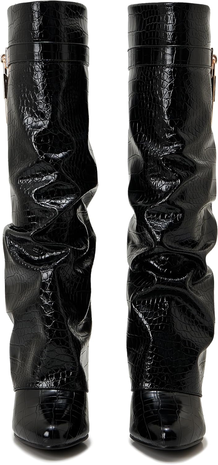 Fold Over Boots for Women Pointy Pull-on Wedge Heel Knee Shark Boot With Side Zipper Padlock Design - Image 3