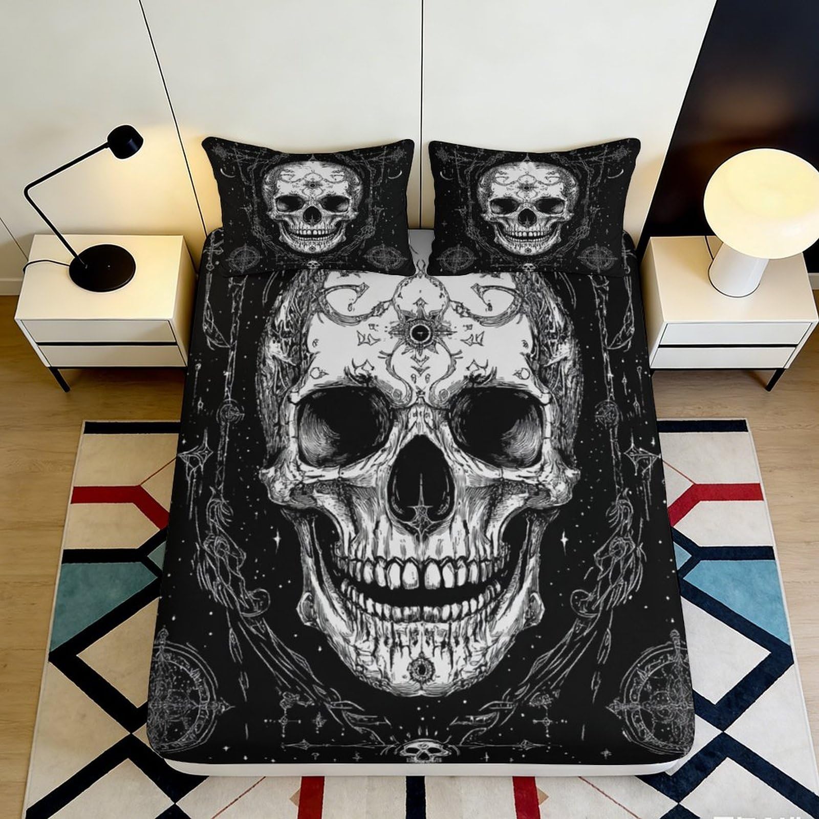 3D Printed Skull Gothic Fitted Sheet Microfiber Durable Breathable Skeleton Bed Cover for Bedroom Dormitory Guest Room Mattress Protection 140x200x25cm