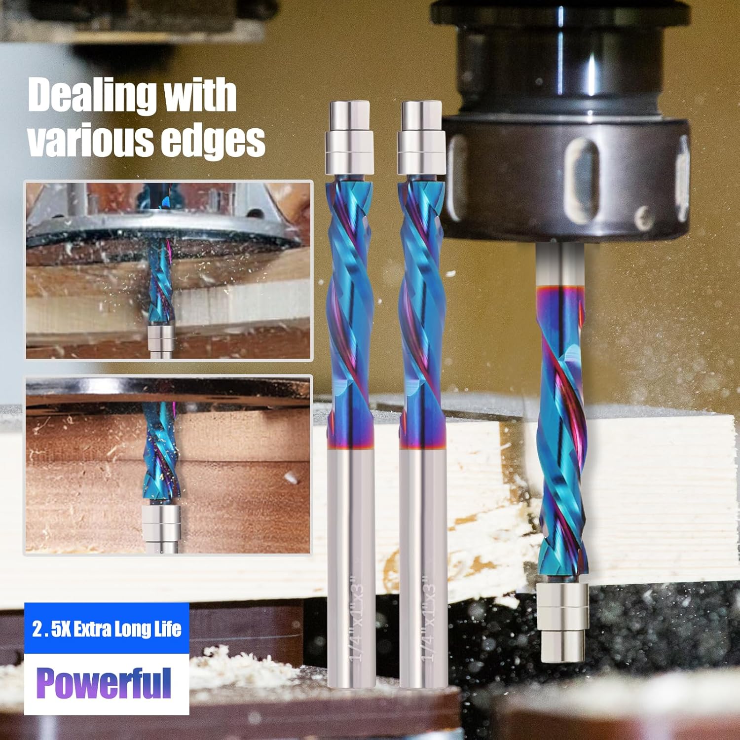 2 Pack Flush Trim Router Bit, Up Down Compression Bit 1/4 Inch Shank 1-1/8 Inch Cutting Length Extra Long 2.95 Inch Total Length CNC Spiral Router Bits with Nano Coating for Woodwork Trimming